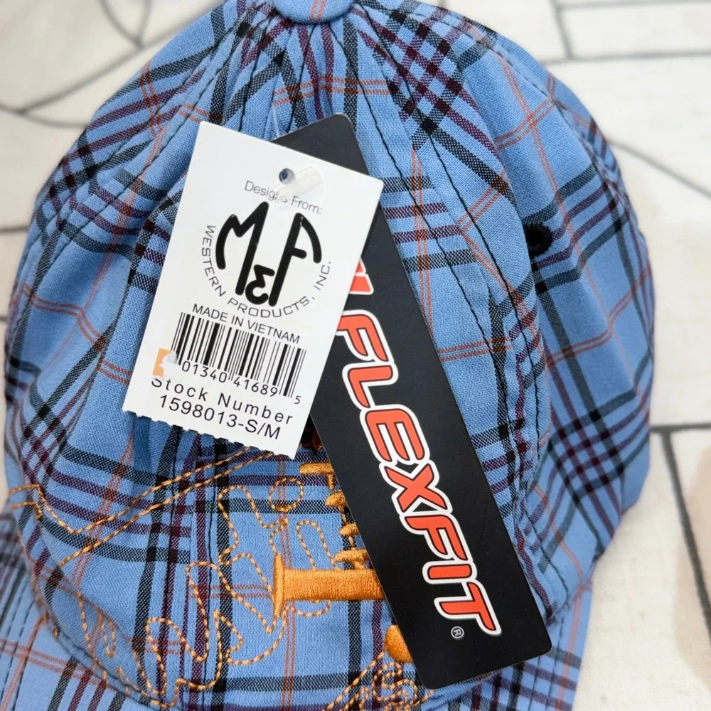 Justin Boots Baseball Cap S/M Blue‎ Plaid Flexfit M&F Western Hat 1598013-S/M